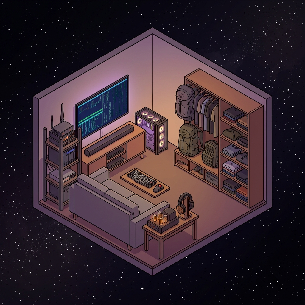 Isometric cozy lofi home lab studio